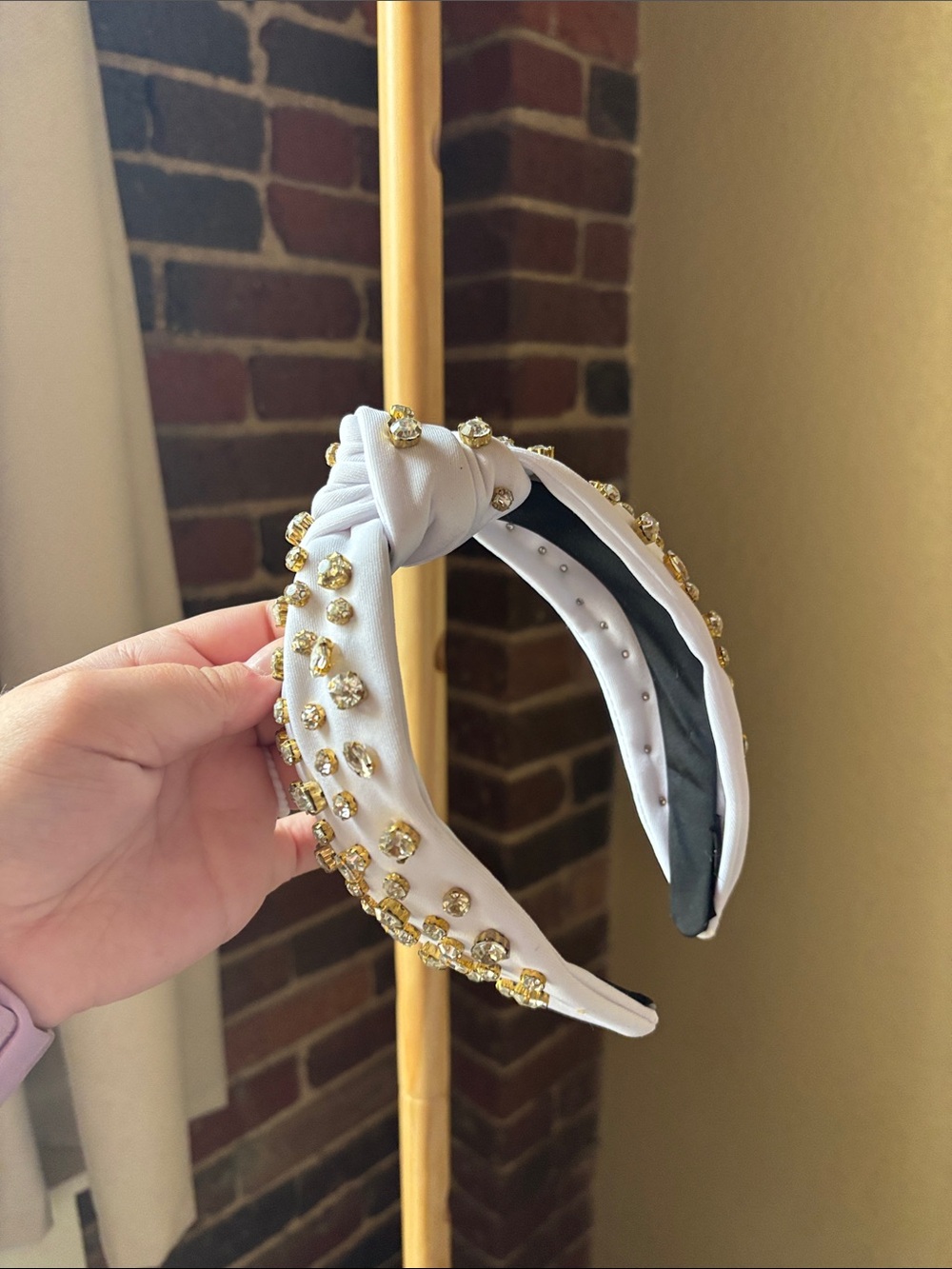 White Crystal-Embellished Knotted Headband with Gold Accents